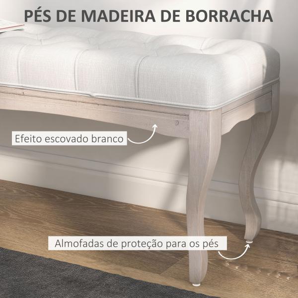 Banco Pé de Cama com Pés de Madeira e Assento Acolchoado para Dormitório Entrada Corredor 110x37x49 cm Creme