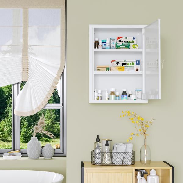 Armário de Parede para Medicamentos de Aço com 3 Prateleiras e 2 Chaves para Casa de Banho 40x15x53,5 cm Branco