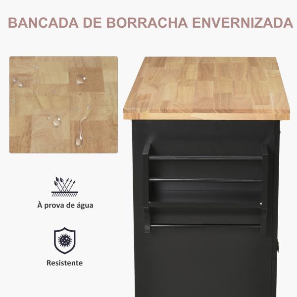 Ilha de Cozinha com Rodas 2 Gavetas 4 Portas Suporte para Temperos e Barra Lateral 111x44,5x82,5 cm Preto e Madeira