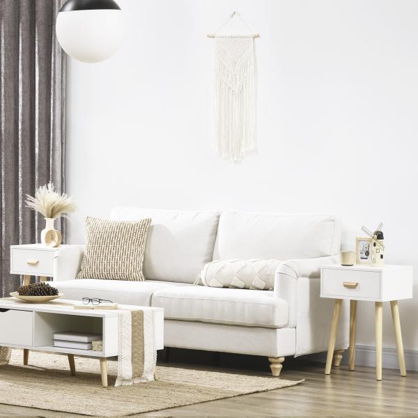 Conjunto de 2 Mesas de Cabeceira com Gaveta e Pés de Madeira Estilo Moderno 40,5x30,5x60cm Branco e Madeira