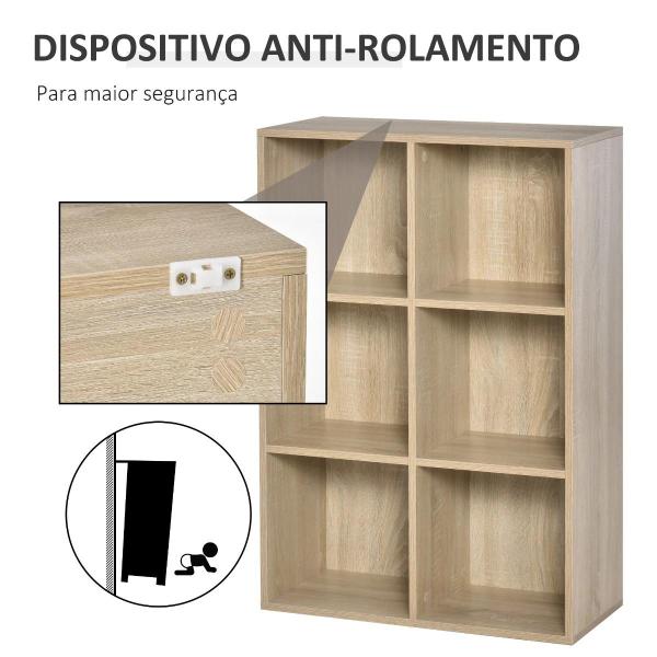 Estante para Livros Estante de Madeira de 3 Níveis com 6 Compartimentos de Armazenamento65,5x30x97,5cm Carvalho