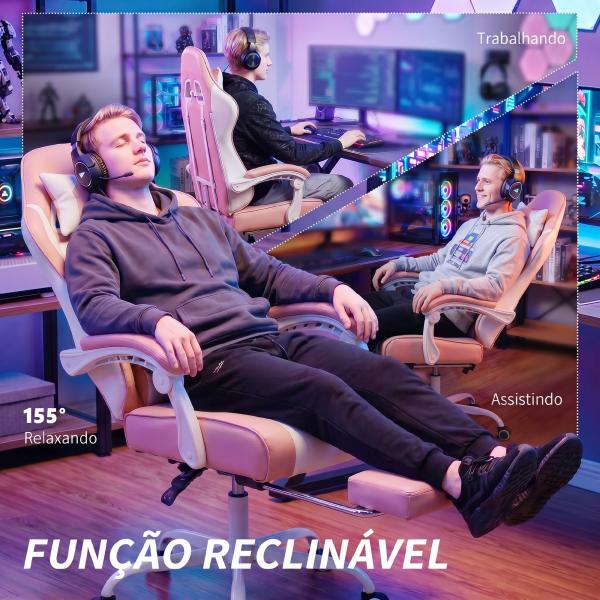 Cadeira Gaming Reclinável 155° com Suporte Lombar com Massagem Apoio de Cabeça e Apoio para os Pés 63x66x126 - 134 cm Rosa