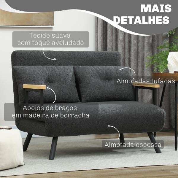 Sofá Cama Sofá Convertível em Cama de 2 Lugares Dobrável com Encosto Ajustável em 5 Níveis e 2 Almofadas 102x73x81 cm Cinza