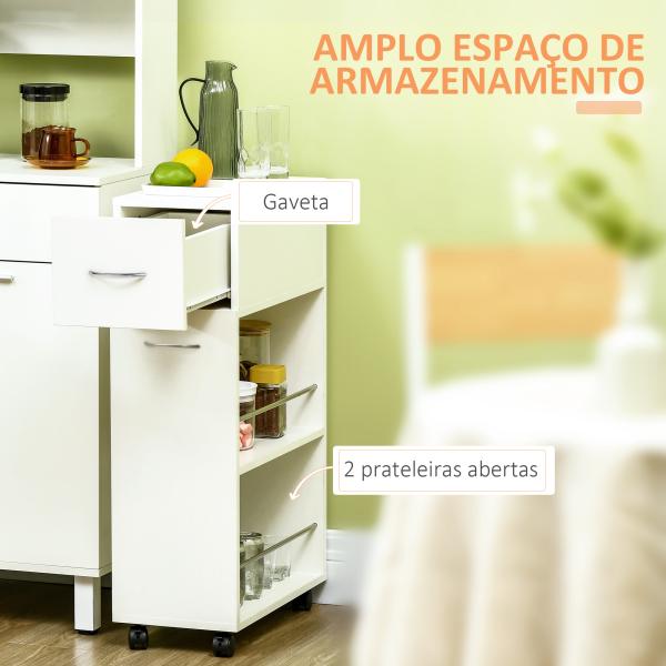 Carrinho de Cozinha com 1 Gaveta e 2 Prateleiras Abertas Carrinho de Cozinha Auxiliar cm Rodas 25x50x85cm Branco