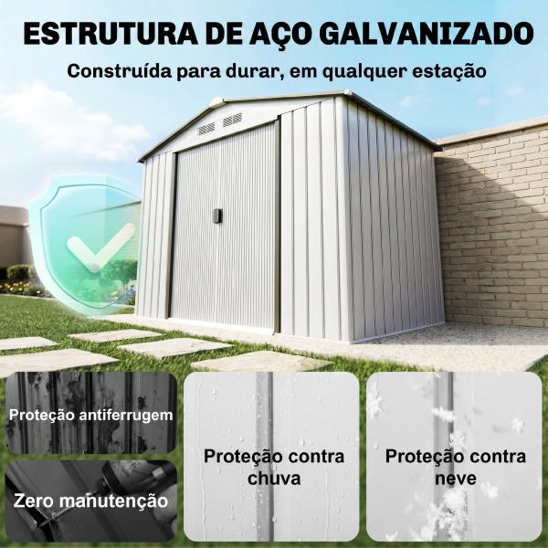Abrigo de Jardim 213x130x185cm Abrigo de Jardim Metálico de Exterior com 2 Portas Deslizantes e 4 Janelas Branco e Cinza