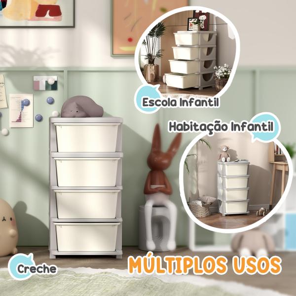Organizador de Brinquedos com 4 Gavetas Torre de Arrumação para Crianças +3 Anos Cantos Arredondados e Pegas 37x37x76 cm Creme