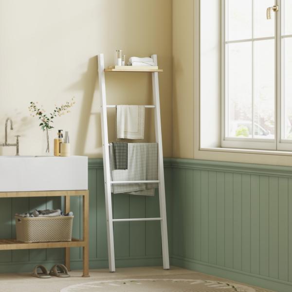 Toalheiro de Escada com Prateleira Superior e 4 Barras Suporte de Toalhas para Encostar na Parede 43x20x151 cm Branco e Carvalho