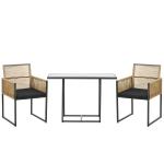 Conjunto de 3 Peças de Jardim com 2 Cadeiras de Vime com Encosto Dobrável e Almofadas e Mesa de Vidro Natural e Preto