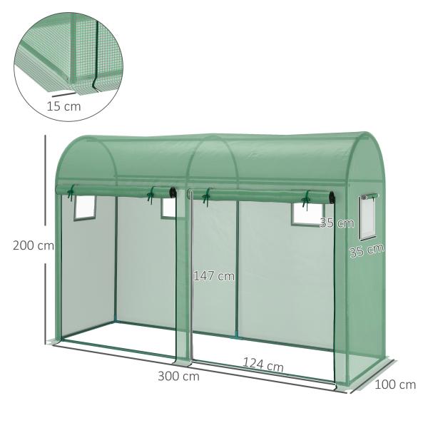 Estufa Jardim Tipo Túnel com 4 janelas e 2 portas para Plantas de PE de aço 300x100x200 cm Verde
