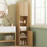 Coluna Casa de Banho Estreita Armário de Banho Alto com 6 Níveis com 2 Portas Prateleira de Vidro 40x31x182 cm Carvalho