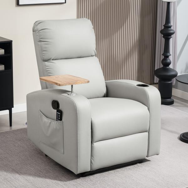 Poltrona de Massagem Poltrona Relax Elétrica com 4 Modos de Vibração Reclinação 145° Mesa 2 Bolsos Laterais 77x93x105 cm Cinza