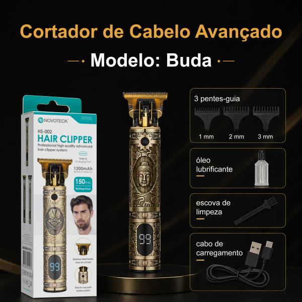 Cortador de Cabelo Avançado NOVOTECK HS - 002 com Display Digital, Lâminas de Aço Inoxidável, 3 Pentes, 150 Min de Autonomia e USB - C - Buda