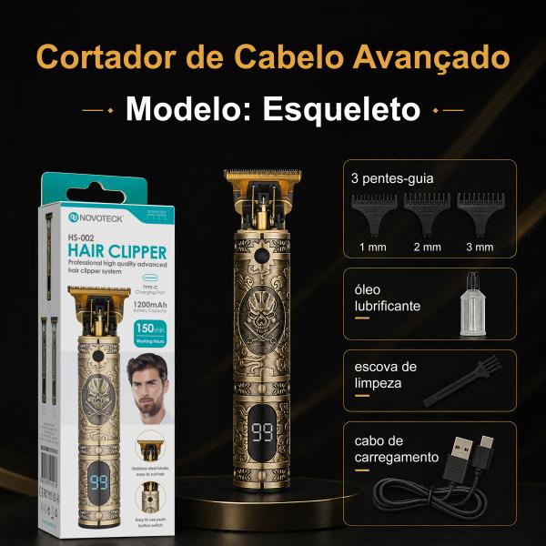 Cortador de Cabelo Avançado NOVOTECK HS - 002 com Display Digital, Lâminas de Aço Inoxidável, 3 Pentes, 150 Min de Autonomia e USB - C - Esqueleto