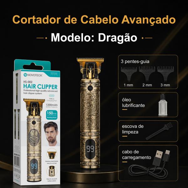 Cortador de Cabelo Avançado NOVOTECK HS - 002 com Display Digital, Lâminas de Aço Inoxidável, 3 Pentes, 150 Min de Autonomia e USB - C - Dragão