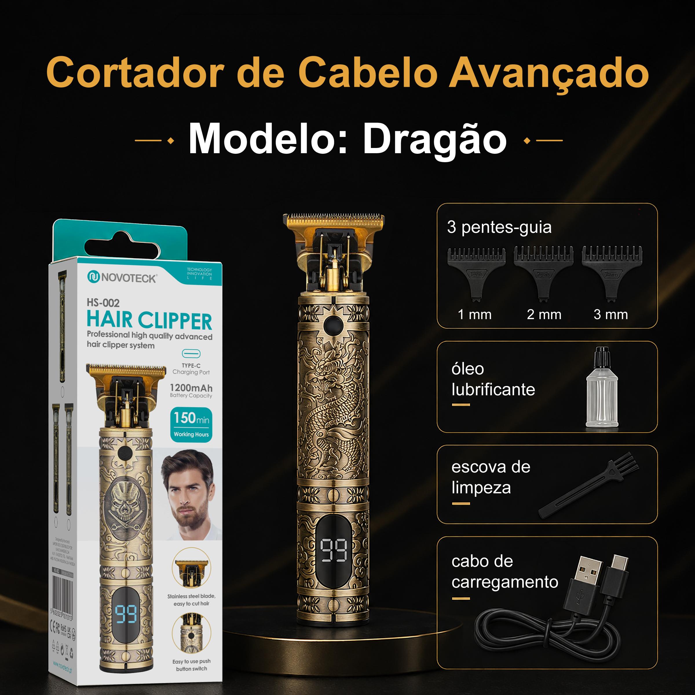 Cortador de Cabelo Avançado NOVOTECK HS - 002 com Display Digital, Lâminas de Aço Inoxidável, 3 Pentes, 150 Min de Autonomia e USB - C - Dragão