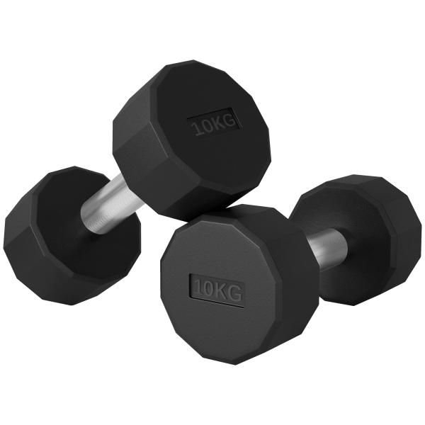 Conjunto de 2 Halteres Dodecagonais 2 x 10 kg em Metal com Revestimento em Borracha para Treino em Casa e Ginásio Preto
