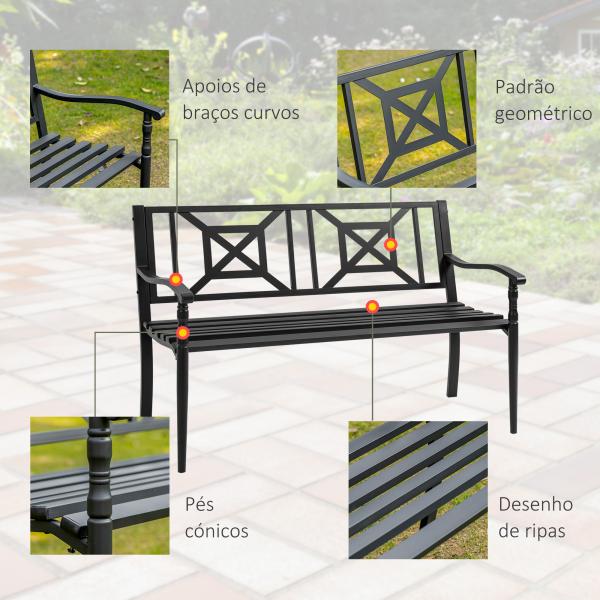 Banco de Jardim de 2 Lugares Banco de Exterior de Aço com Apoio para os Braços e Encosto Decorativo para Terraço Varanda Pátio Carga 280kg 128x62,5x81,5cm Preto