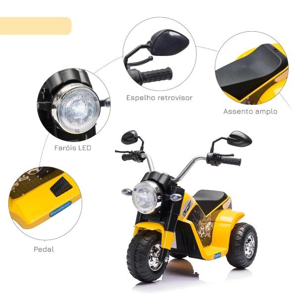 Motocicleta Elétrica Infantil com 3 Rodas Triciclo a Bateria 6V para Crianças de 18 - 36 Meses com Farol Buzina 72x57x56cm Amarelo
