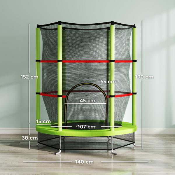 Trampolim Infantil Ø140x190 cm Trampolim para Crianças de 3 - 6 Anos com Rede de Segurança Carga 45 kg para Interior Verde