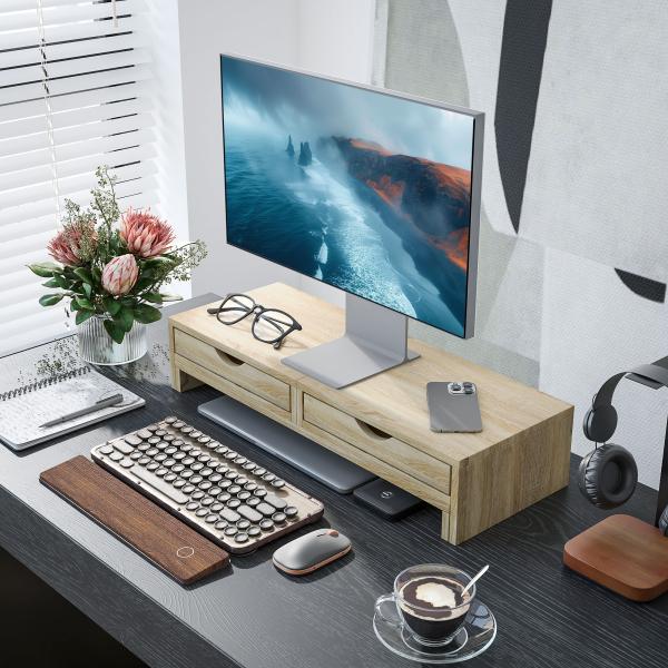 Suporte para Monitor com Ângulo e Comprimento Ajustável e 2 Gavetas para Escritório 60 - 116x22x12 cm Madeira