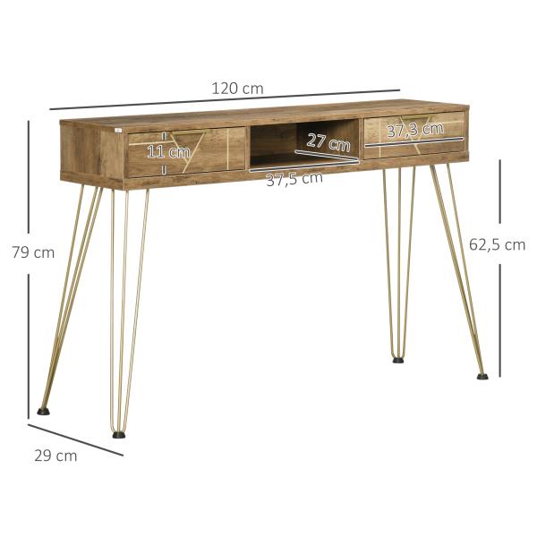 Consola Móvel de Entrada com 2 Gavetas Prateleira Aberta e Pés de Aço Estilo Moderno 120x29x79cm Madeira e Bronze
