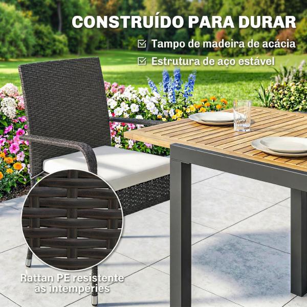 Conjunto de Mesa e Cadeiras de Jardim em Vime 7 Peças com Mesa Extensível em Madeira e 6 Cadeiras Empilháveis Creme