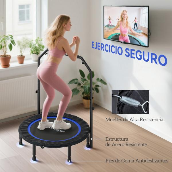 Trampolim de Fitness Ø102 cm Dobrável com Guiador Ajustável de 4 Níveis e Bandas para Treino de Pernas e Corpo Azul