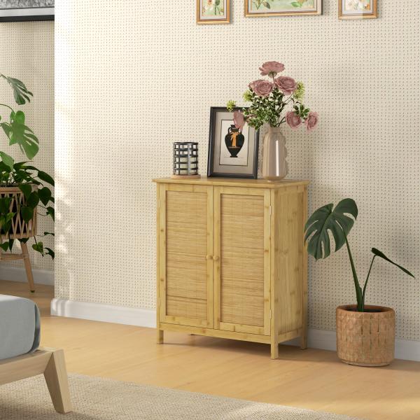 Aparador de Bambu de 2 Portas Aparador Boémio com 2 Prateleiras para Cozinha Entrada 60x27x67,5 cm Madeira