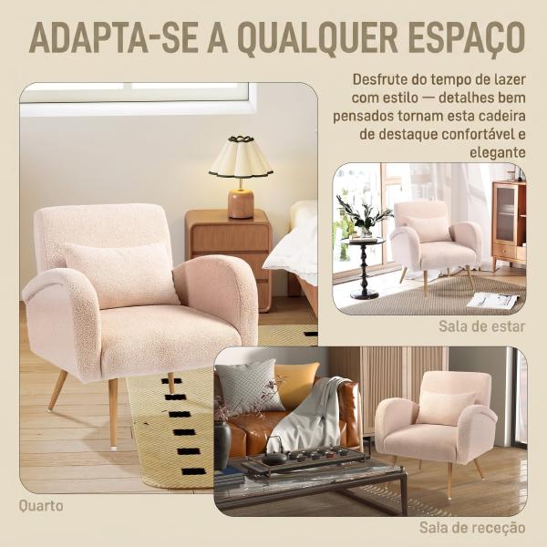Poltrona em Tecido Teddy com Almofada Lombar Amovível e Pés Metálicos com Efeito Madeira para Quarto Bege