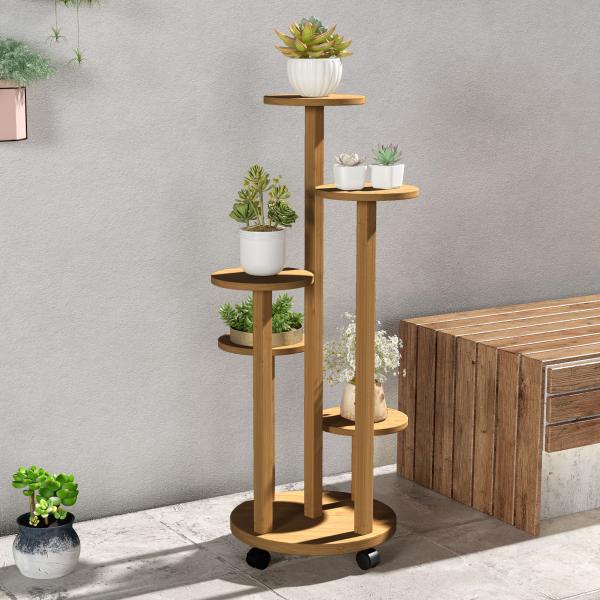 Suporte para Plantas em Bambu com Rodas de 5 Níveis Estante Redonda para Plantas para Cantos 33x33x90 cm Madeira