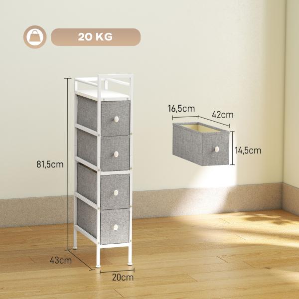 Móvel de Arrumação Estreito com 4 Gavetas de Tecido para Espaços Pequenos 20x43x81,5 cm Cinzento Claro