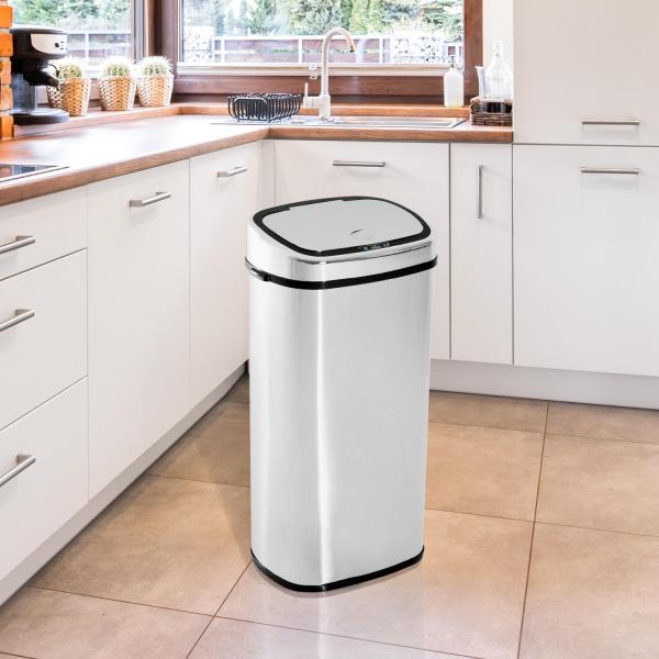 Balde de Lixo Inteligente de Aço Inoxidável 68L com Sensor Infravermelho de Abertura Automática e Contato Manual para Cozinha Dormitório Casa de banho 40,5x29,578cm Prata