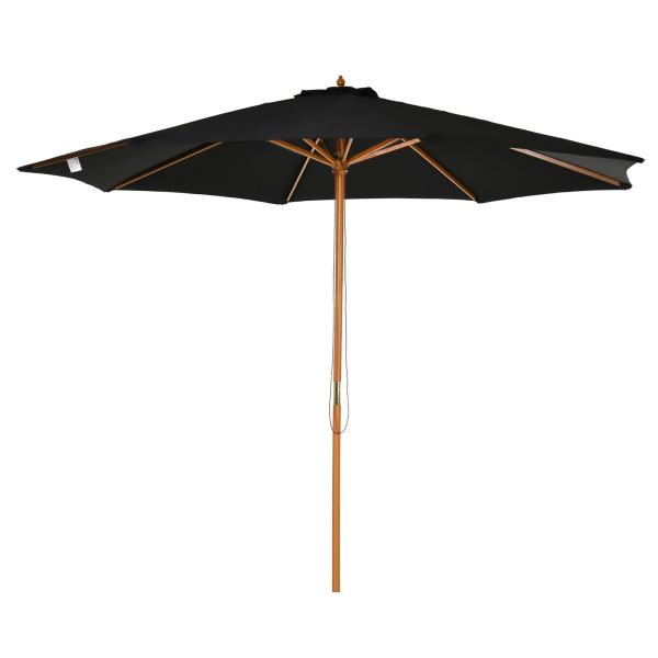 Chapéu de Sol de Jardim Ø300x250cm com Sistema de Polia Teto Ventilado e Mastro Desmontável de Madeira para Terraço Pátio Exterior Preto