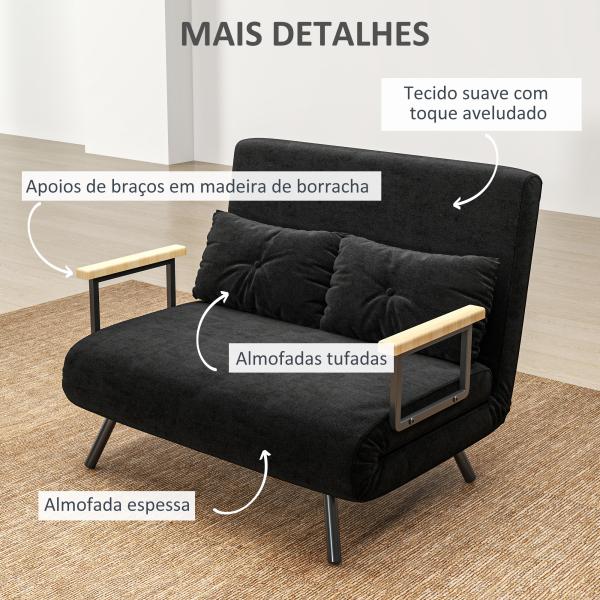 Sofá Cama Sofá Convertível em Cama de 2 Lugares Dobrável com Encosto Ajustável em 5 Níveis e 2 Almofadas 102x73x81 cm Preto