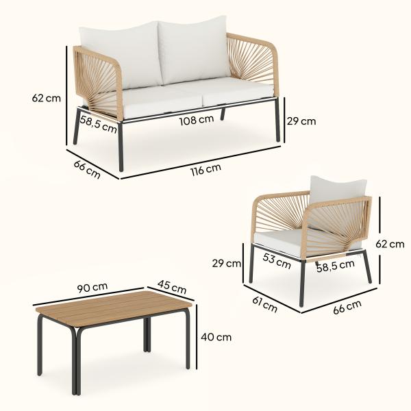 Conjunto Jardim de 4 Peças Móveis de Exterior com Sofá de 2 Lugares 2 Poltronas e Mesa de WPC Branco e Castanho