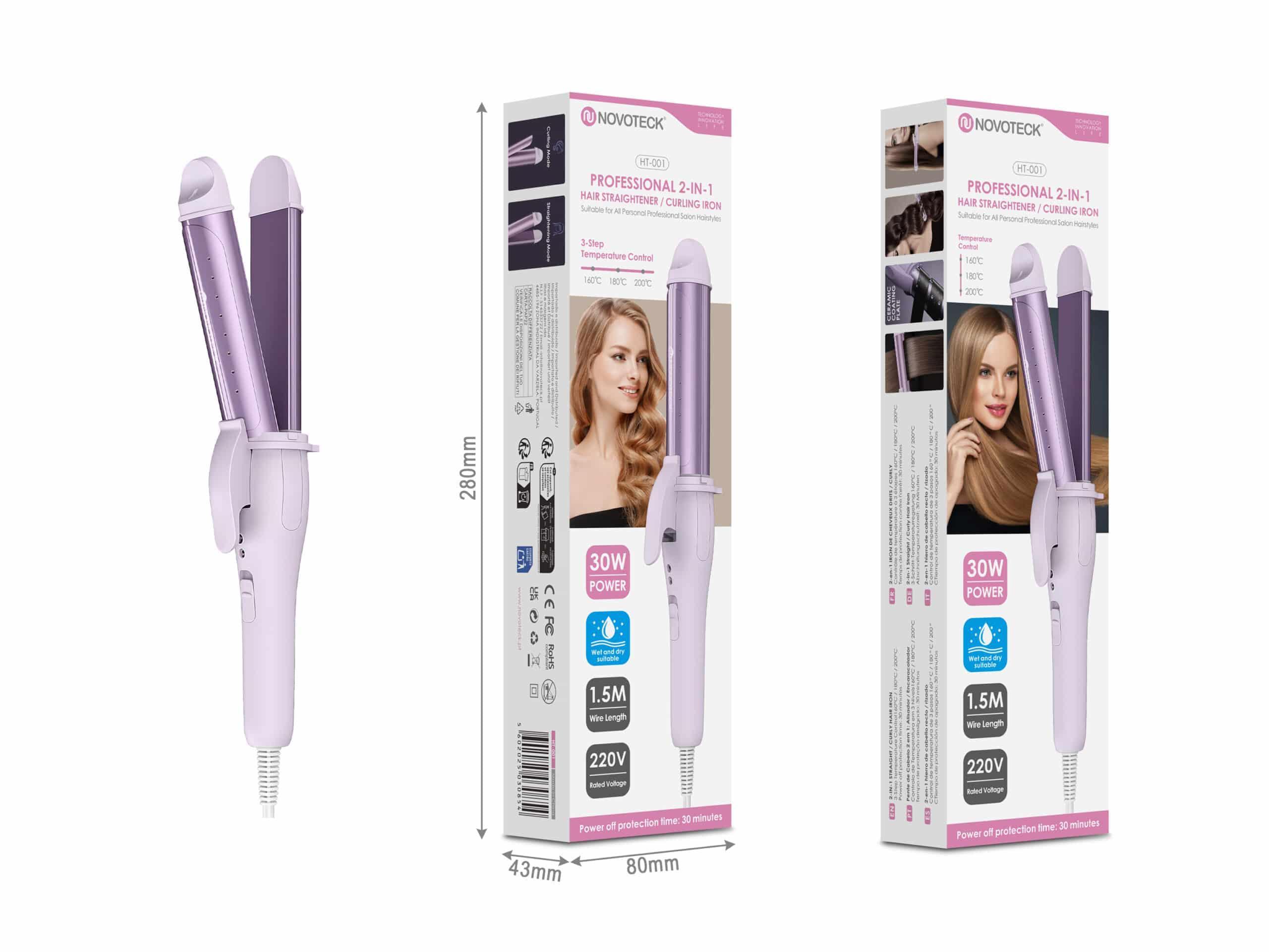 Modelador de Cabelo 2 em 1 Novoteck HT - 001 – Alisador e Modelador Profissional, 3 Níveis de Temperatura, 30W, 220V