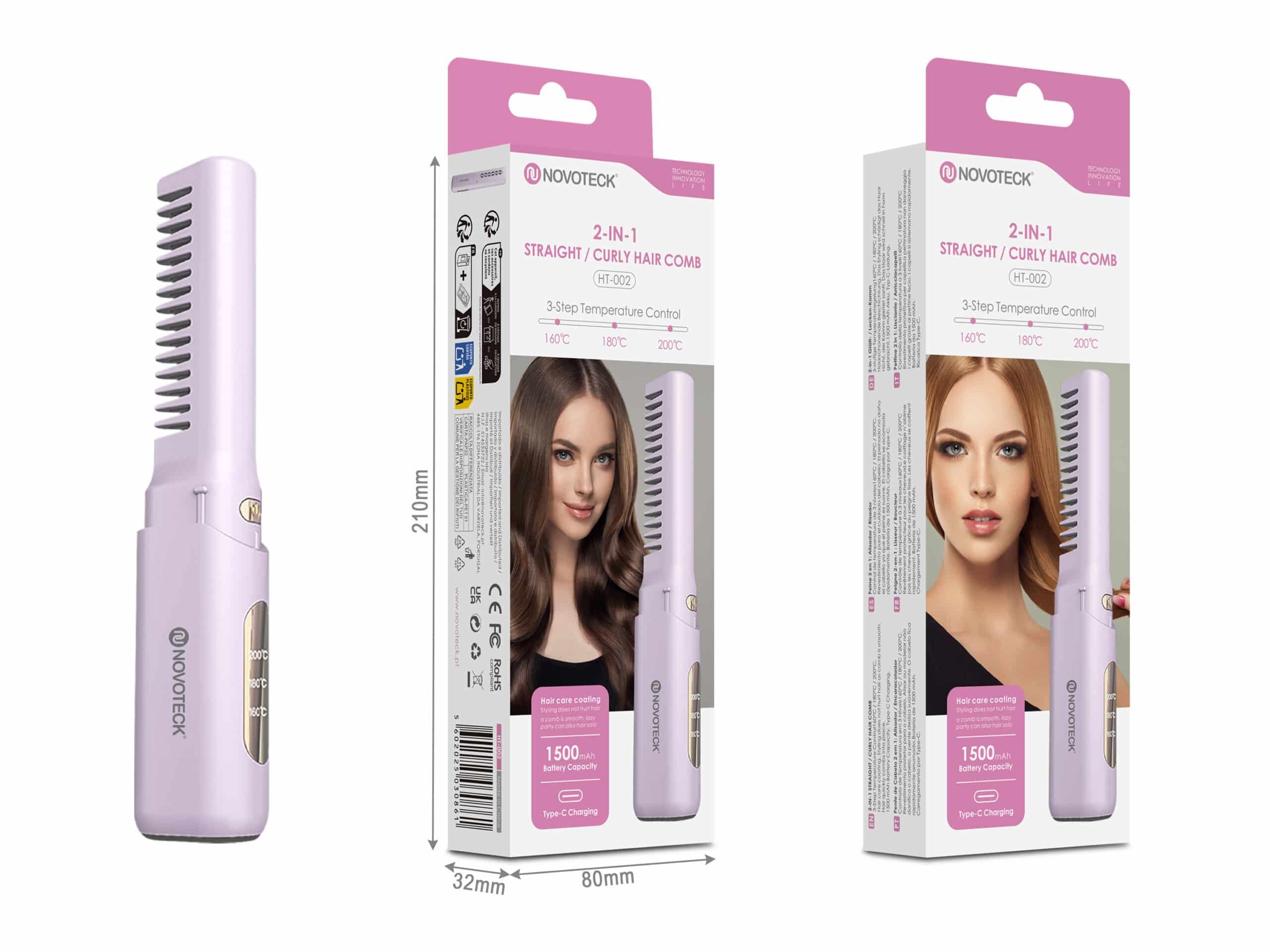 Escova Alisadora e Modeladora 2 em 1 Novoteck HT - 002 – Recarregável, 3 Níveis de Temperatura, 1500mAh, Carregamento USB - C