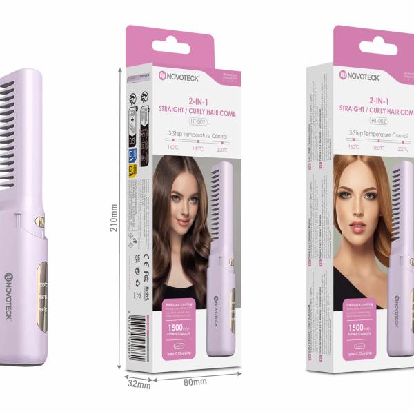 Escova Alisadora e Modeladora 2 em 1 Novoteck HT - 002 – Recarregável, 3 Níveis de Temperatura, 1500mAh, Carregamento USB - C