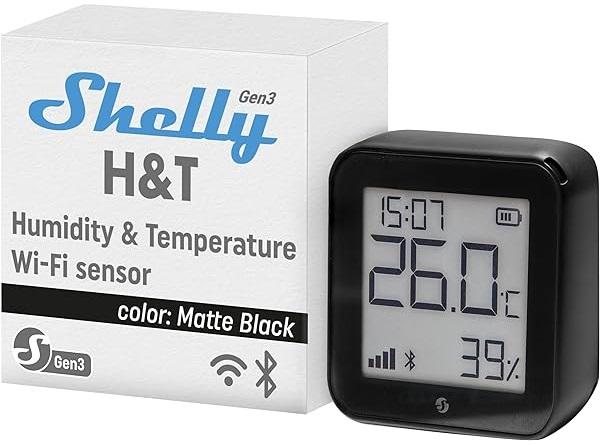 Monitorizador Ambiental de Temperatura/Humidade Wi - Fi Display e - ink (Preto Fosco) - Shelly H&T gen3