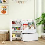 Estante Infantil para Brinquedos com 6 Caixas Removíveis 3 Prateleiras Abertas e Gaveta Inferior com Rodas 100x30x80 cm Branco
