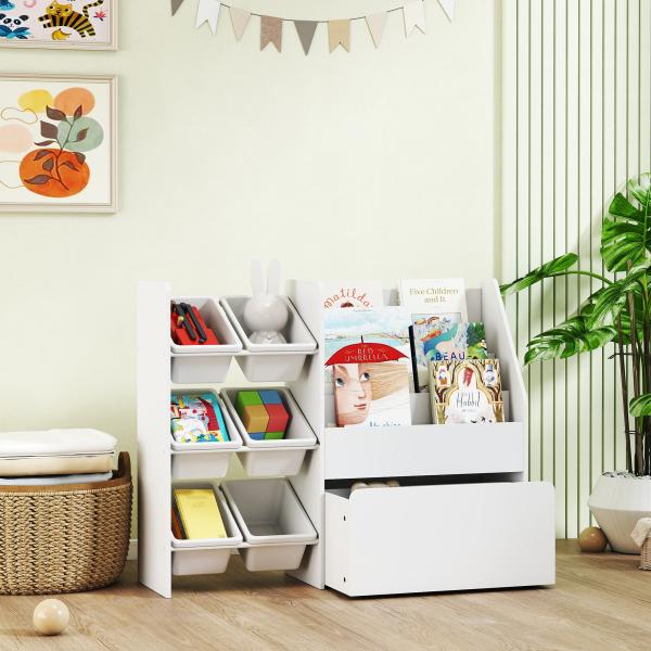 Estante Infantil para Brinquedos com 6 Caixas Removíveis 3 Prateleiras Abertas e Gaveta Inferior com Rodas 100x30x80 cm Branco