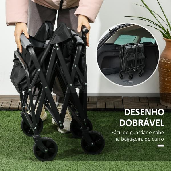 Carrinho de Transporte Carrinho Dobrável com 4 Rodas Capacidade 70 L Carga 80 kg para Jardim Praia Campismo Preto
