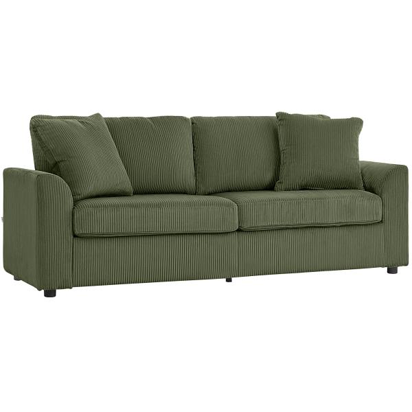 Sofá de 3 Lugares Sofá Sala de Estar 212x80x88 cm Estofado em Veludo Canelado com 2 Almofadas Desenho Moderno Verde