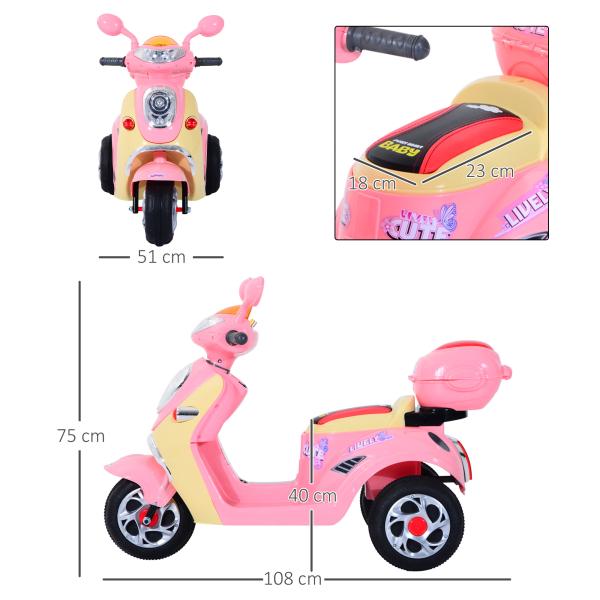 Mota elétrica Infantil para crianças acima de 3 anos com Bagagem 6V de Bateria 108x51x75cm Rosa