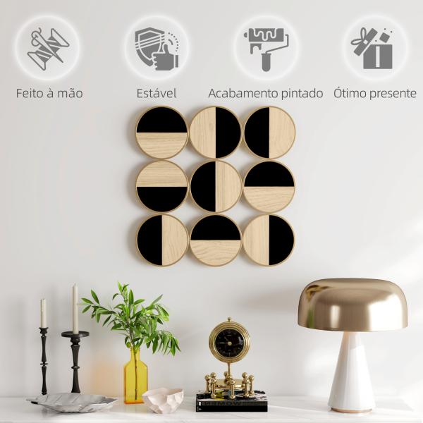 Quadro Decorativo de Parede Geométrico Decoração de Parede Moderno 3D 60x60 cm com Espelho de Plástico Preto e Madeira