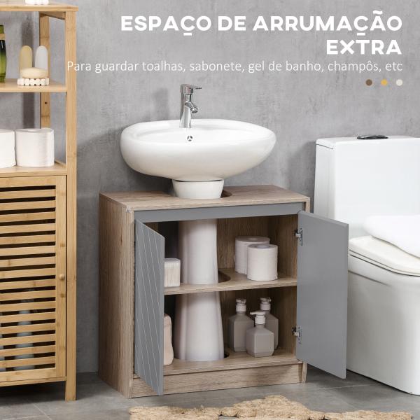 Móvel para Lavatório Casa de Banho com Porta Dupla e Prateleira Ajustável Carga 50kg 60x30x59,8 cm Carvalho e Cinza