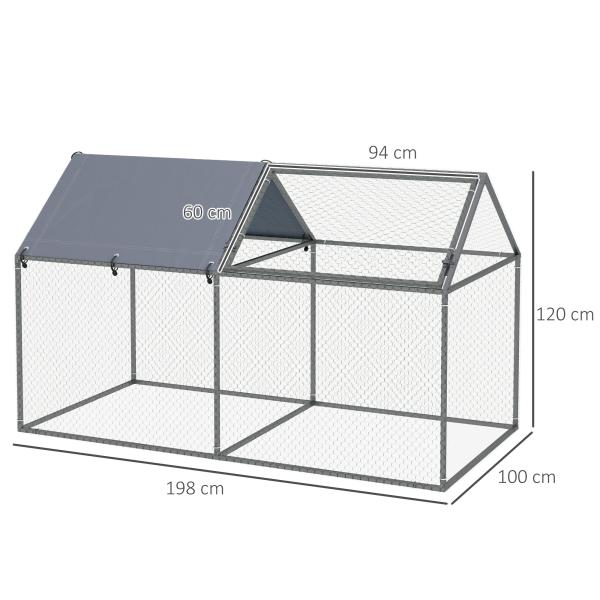 Gaiola para Pequenos Animais de Aço com 1 Porta Superior e Cobertura Anti - UV para Exterior Jardim 198x100x120 cm Prata