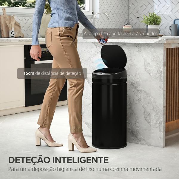 Caixote do Lixo Automático para Cozinha 42 L com Sensor Infravermelho, Fecho Automático e Aço Inoxidável Preto