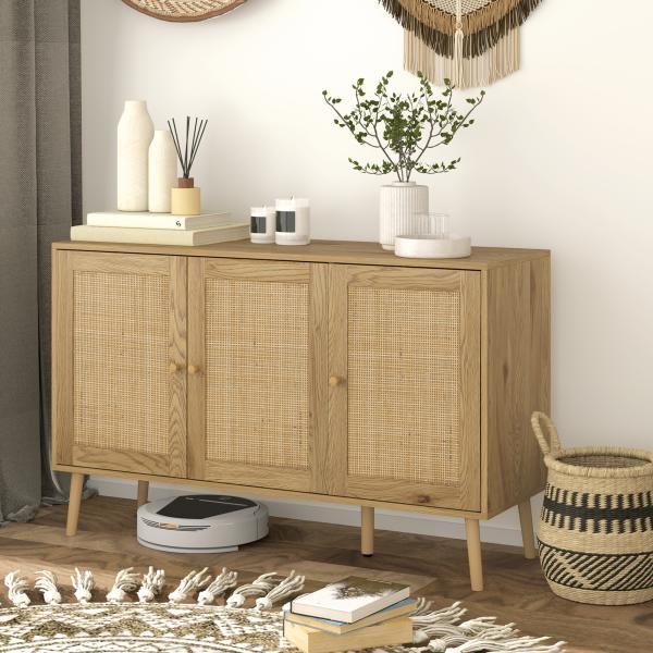 Aparador para Sala de Estar com 3 Portas em Vime Aparador Estilo Boémio, com Prateleiras Ajustáveis 120x40x75 cm Madeira