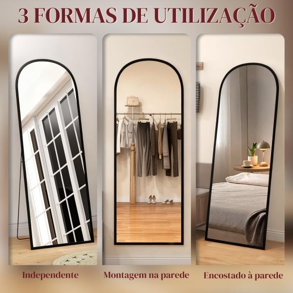 Espelho de Pé Espelho de Corpo Inteiro 60x165 cm com Estrutura de Liga de Alumínio e Suporte para Sala Quarto Preto